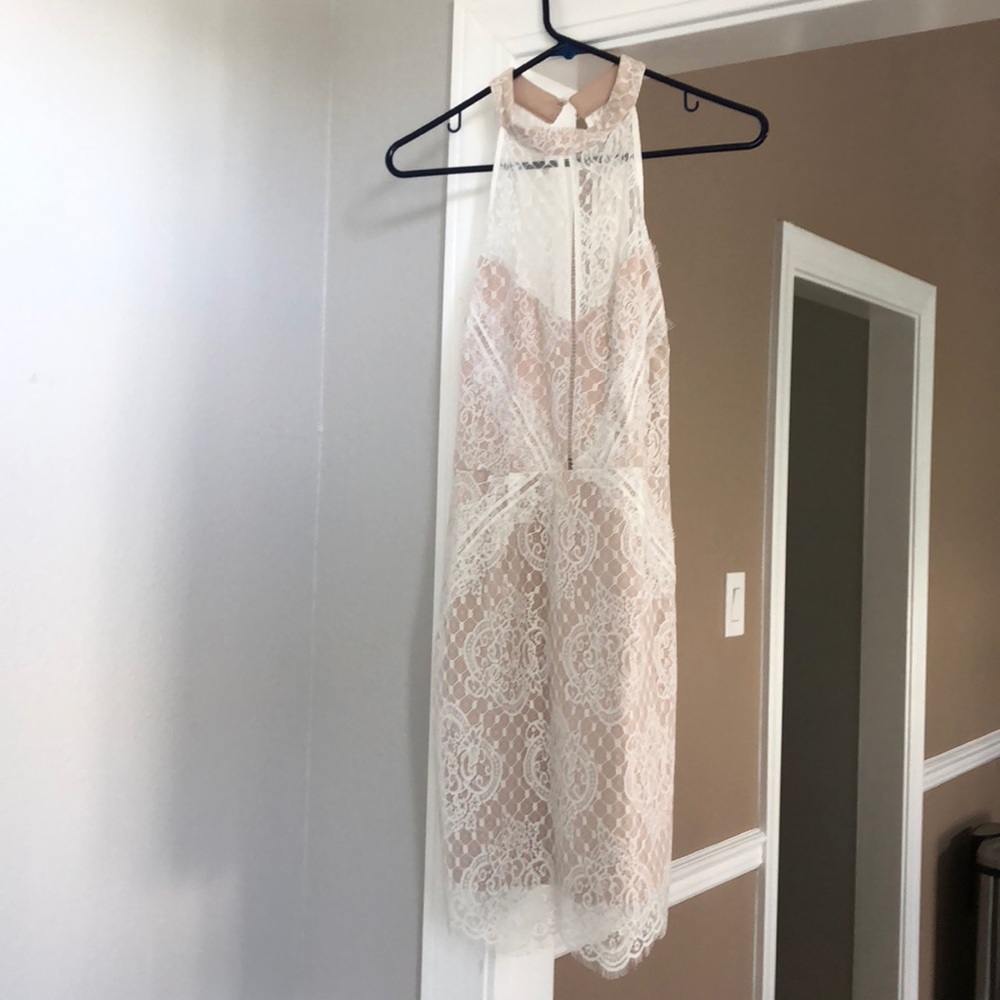 White lace halter cocktail dress.
